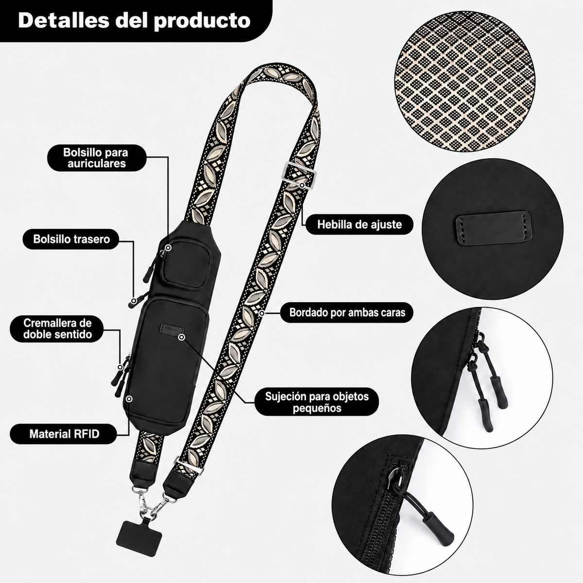 Detalles de la correa Nora: bolsillos, cremalleras y bordado