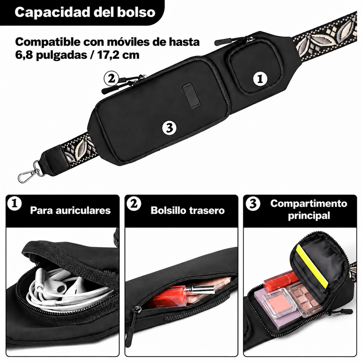Capacidad del bolso de la correa Nora y sus tres compartimentos